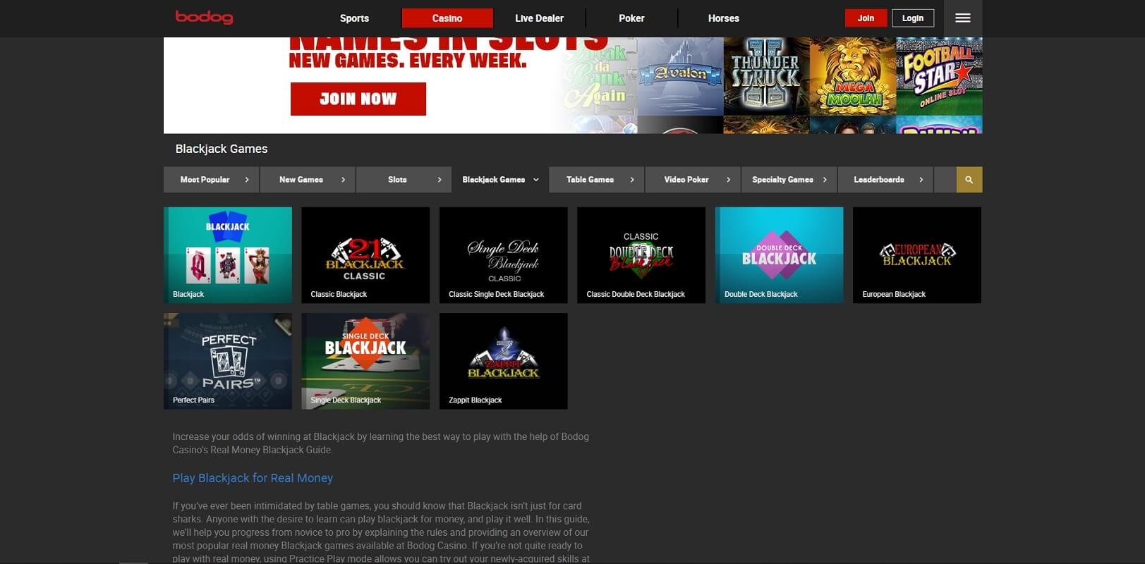 Game choice at Bodog online casino